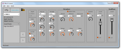 MIKI-D control software color grey for macOS and Windows, change presets, gain, EQ and save.